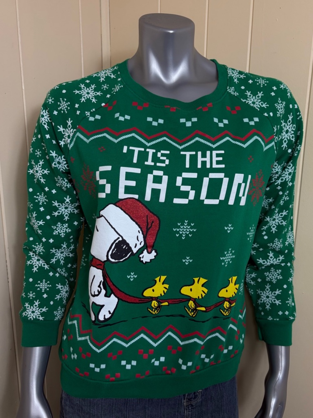 Peanuts Snoopy Christmas Sweatshirt Pullover Tis The Season Womens M Green